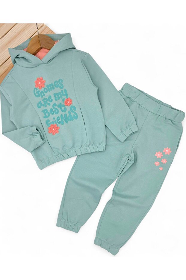 Girl Child 2-3-4-5-6 Years Old, Transitional Hooded , Compact Tracksuit Set with Floral Embroidery