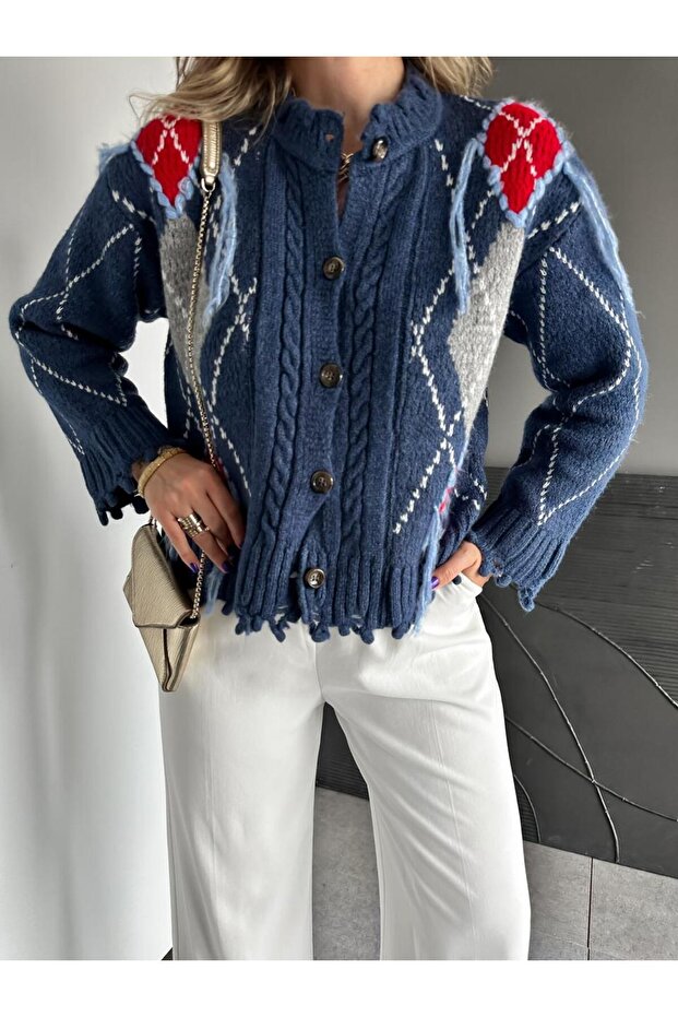 Lacivert Baklava Desen Saçaklı Hırka - 7