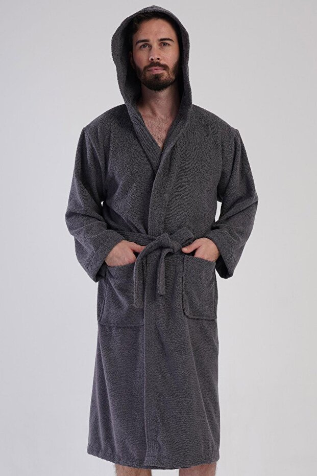 Men's Hooded Dark Gray Bathrobe – Towel Texture, Pockets, Belted C4T6N7161