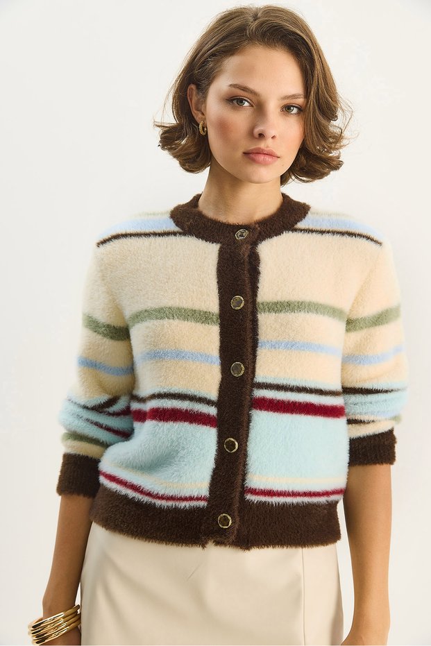 Women's Brown Beige Very Soft Textured Striped Knitwear Cardigan 2499 60283677