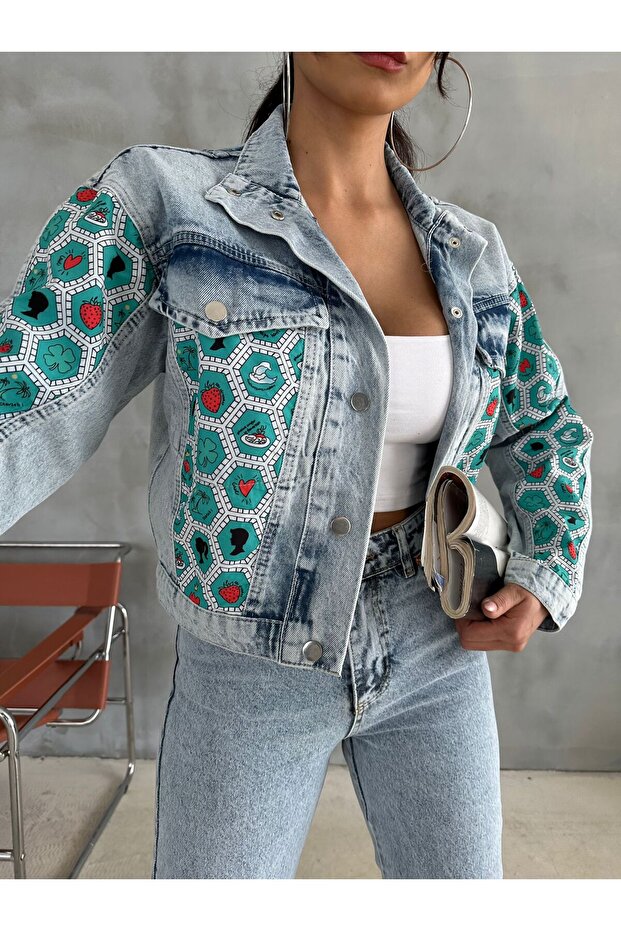 Heksagon Art Printed Kot Crop Jeanolog Jacket