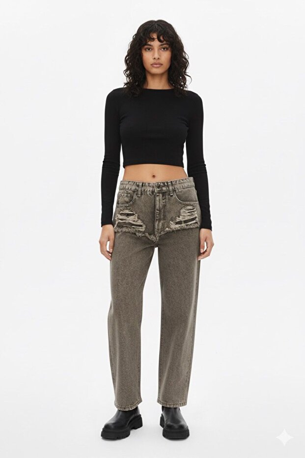 KN Women's Loose-Leg Jeans with Laser-Cut Slits Below the Front Pockets