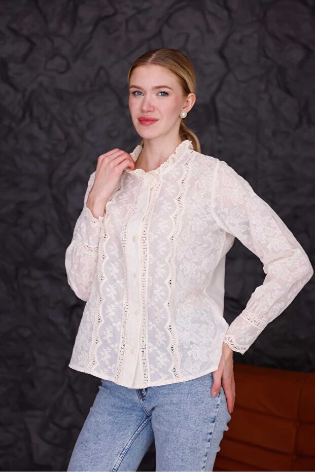 Bohem Dantelli Düğmeli Gömlek | Vintage Görünüm - 2