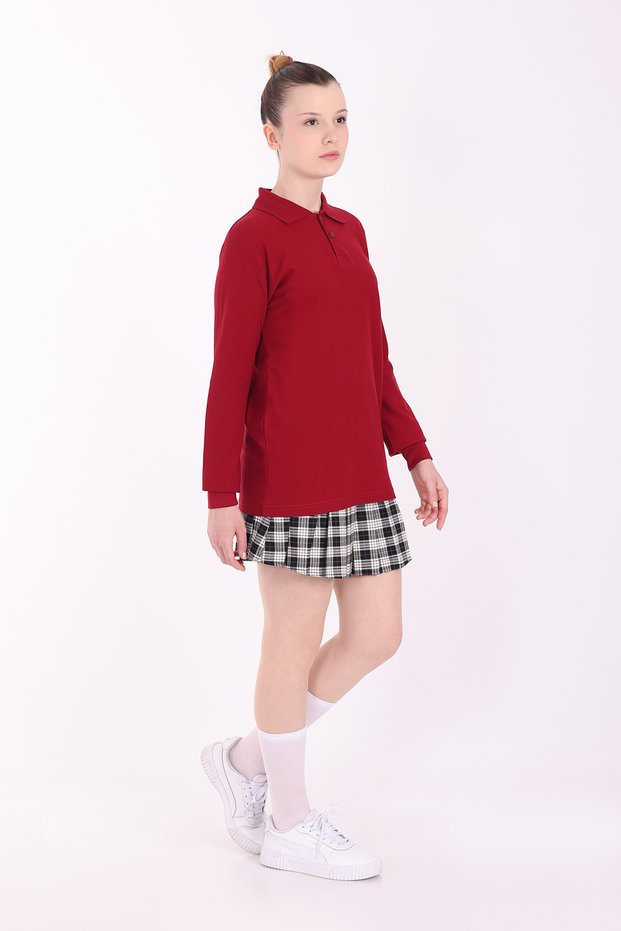 Unisex Adult Polo Neck School T-Shirt Basic Long Sleeve School T-Shirt 100% Cotton S-2Xl Burgundy