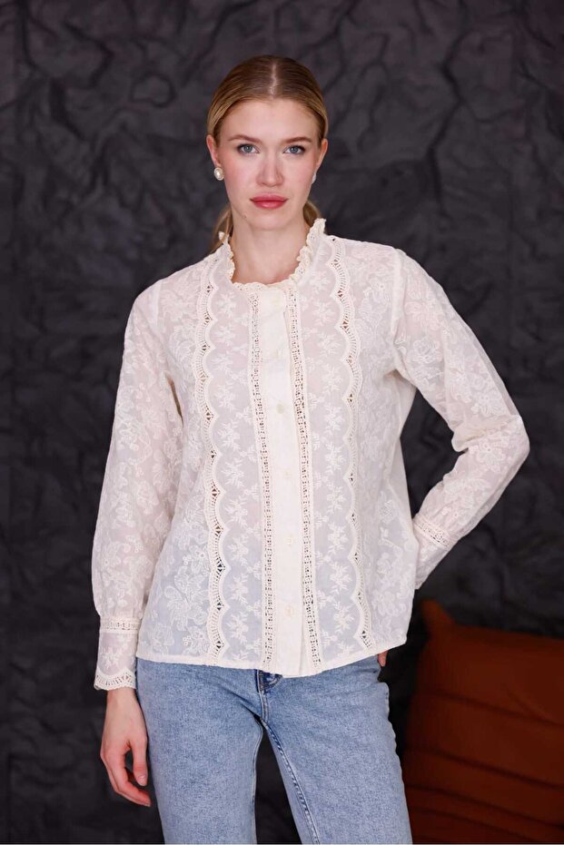 Bohem Dantelli Düğmeli Gömlek | Vintage Görünüm - 1