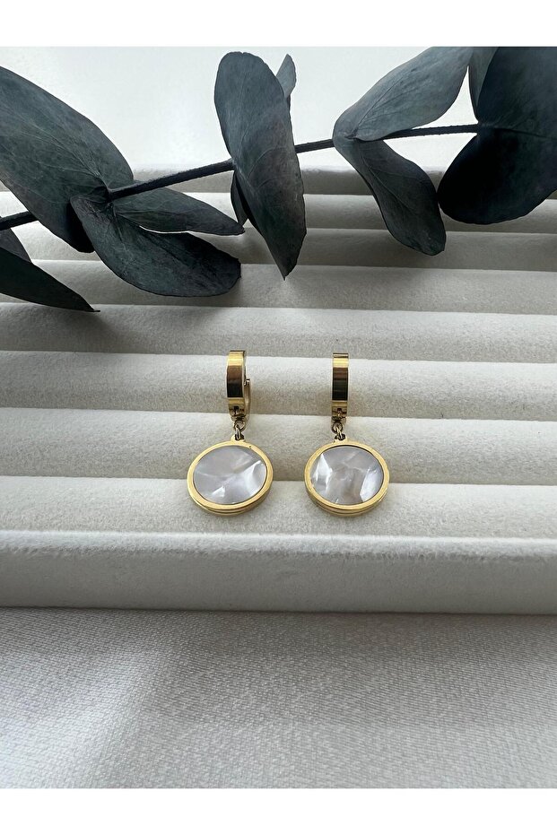 Stainless Steel Women's Earrings with White Detailed Shiny Gold Frame