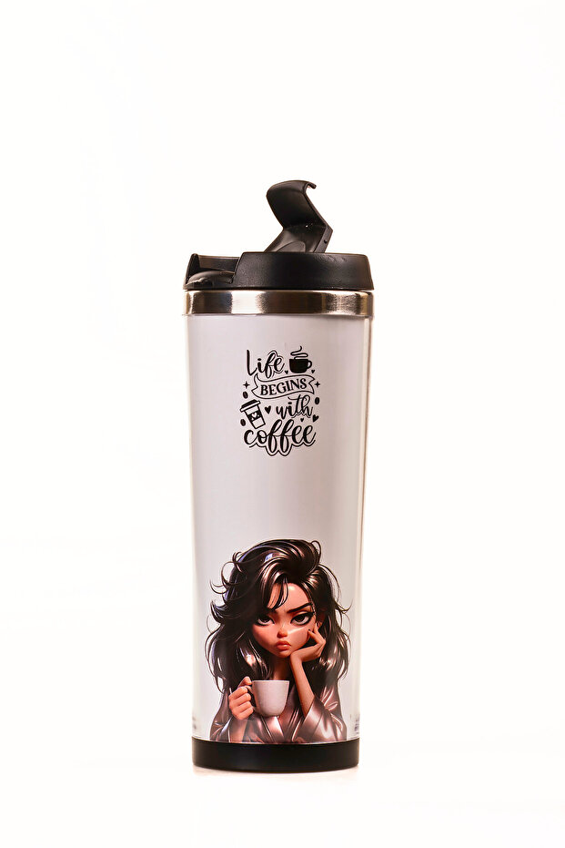 360 ml Steel Thermos Mug – Coffee Lady Design, Steel Inner Chamber, Hot & Cold Beverage Cup