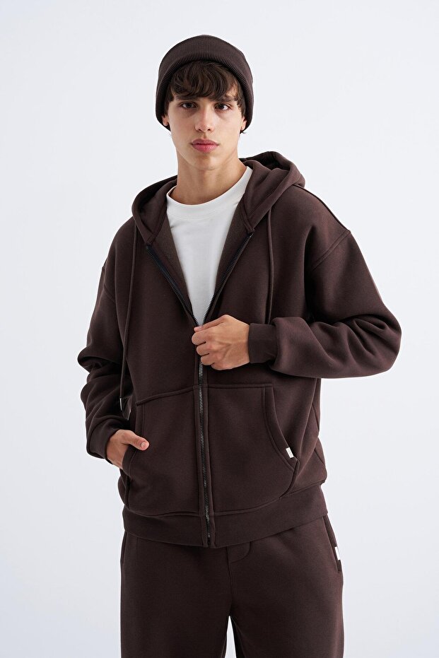 Oversize Fermuarlı Cepli Kapüşonlu Basic Sweatshirt DARK COFFEE - 1