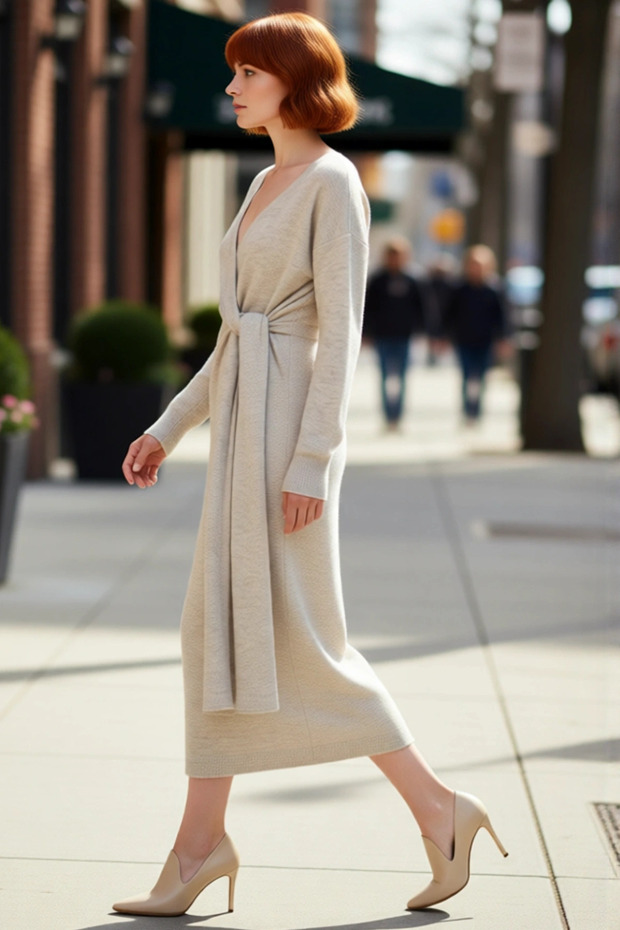 Women's Double-Breasted Collar Knitwear Midi Dress Plain Patterned Low Long Sleeve Belt Detail Winter Elegance