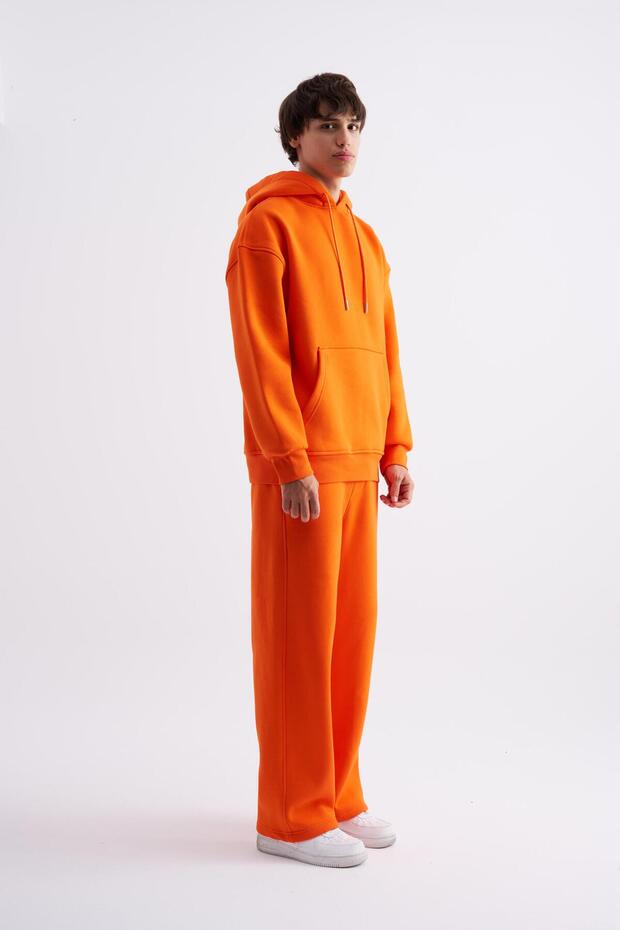 Erkek Basic Kapüşonlu Oversize Turuncu Sweatshirt - 5