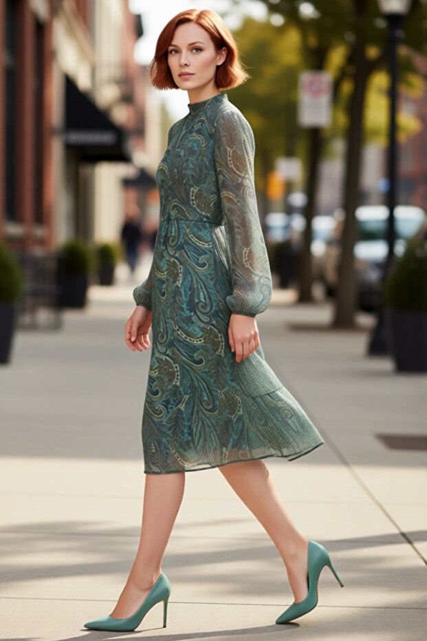 Women's Shawl Patterned Lined Flounced Chiffon Midi Dress Mock Neck Long Balloon Sleeves A-Line Quality
