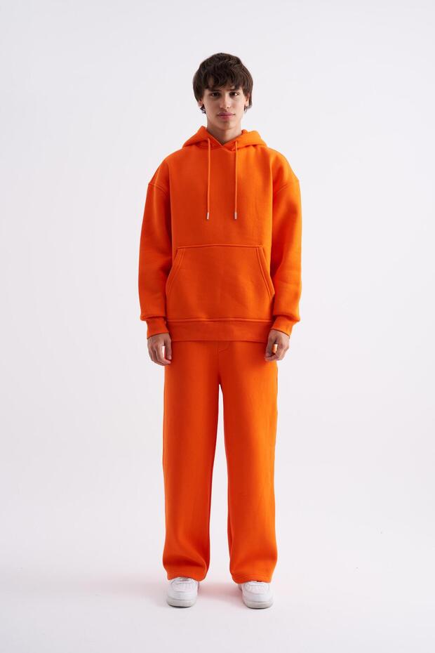 Erkek Basic Kapüşonlu Oversize Turuncu Sweatshirt - 4