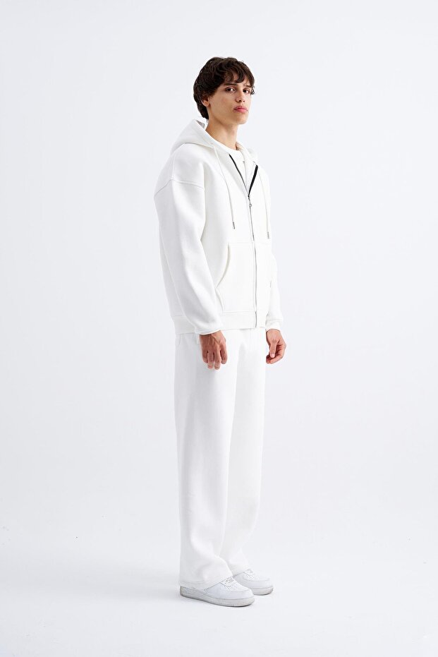 Oversize Fermuarlı Cepli Kapüşonlu Basic Sweatshirt ECRU - 5