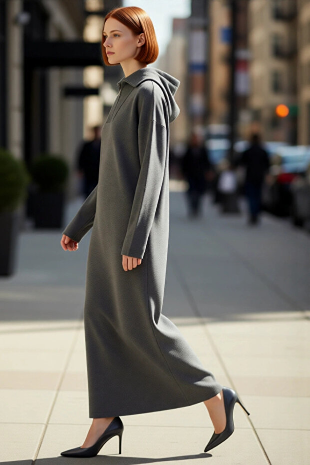 Women's Smoked Comfortable Fit Maxi Size Zippered Mock Neck Plain Pattern Long Sleeve Knitwear Dress Good Quality