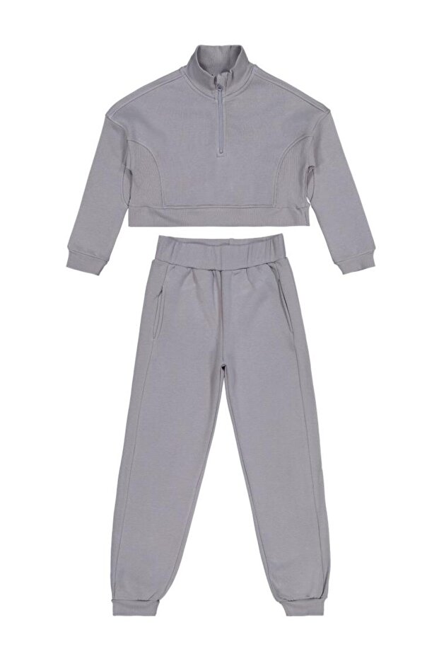Civil Girls' Zipper Detailed Tracksuit Set | 3 Thread-3 Thread Long Sleeve | School Nursery and Daily Use - Gray