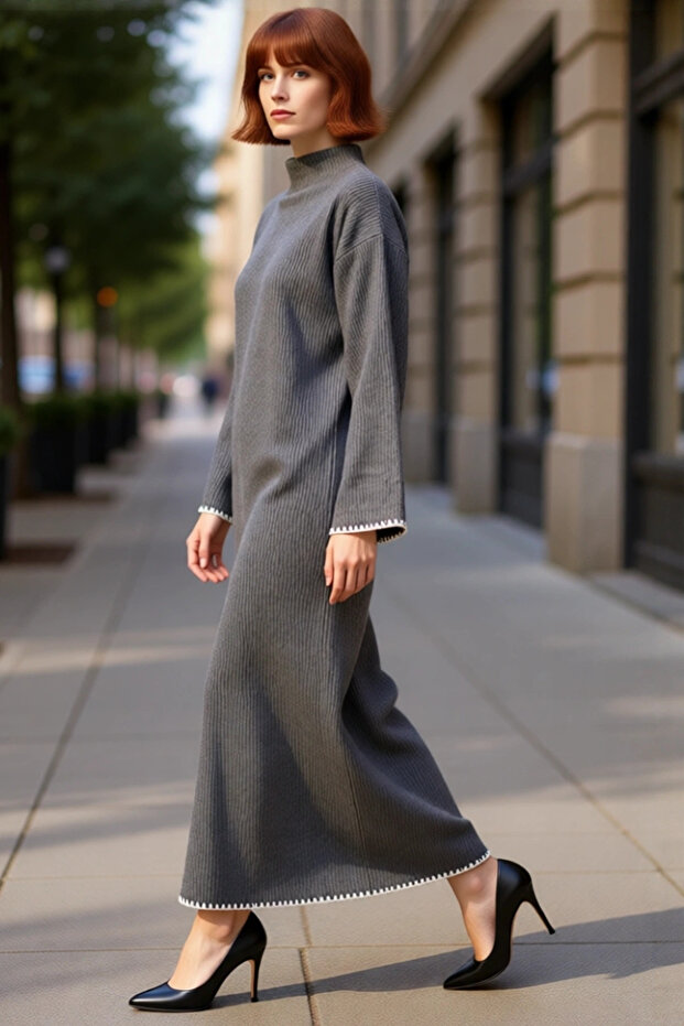 Women's Plain Pattern Mock Neck Long Low Sleeve Maxi Length Shift Fit Acrylic Knitwear Dress Casual Chic