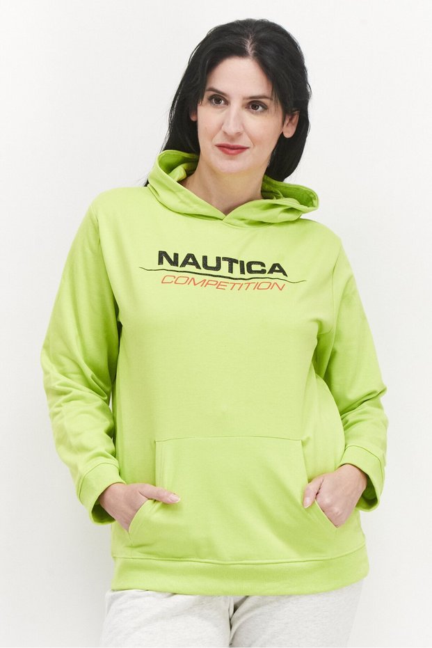Women Hooded Neck Brand Logo Sweatshirts, Light Green
