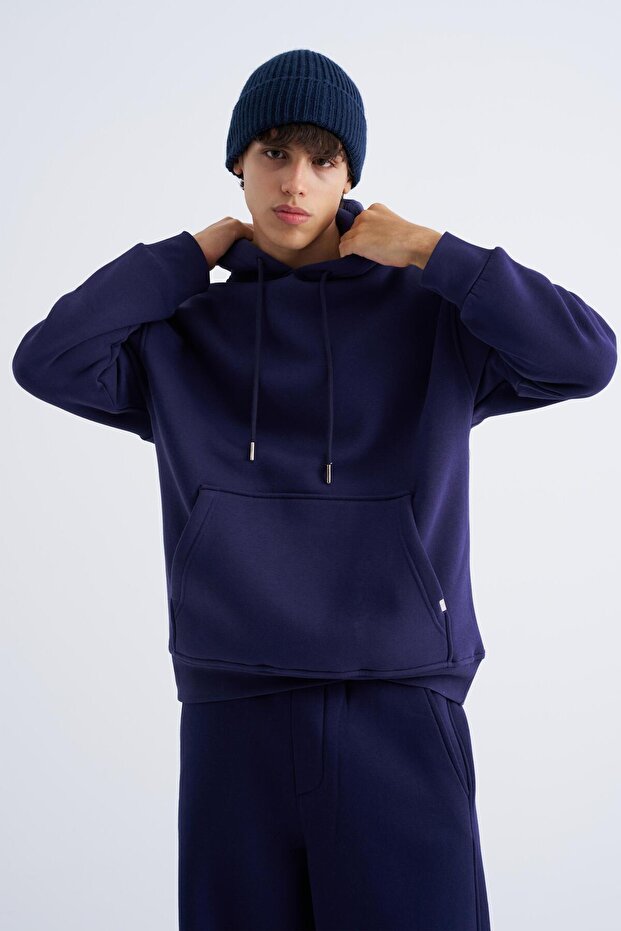Erkek Basic Kapüşonlu Oversize Lacivert Sweatshirt - 1