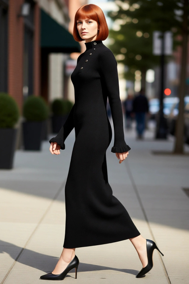 Women's Mock Neck Accessory Buttoned Ribbed Maxi Knitwear Dress Designed for Stylish Winter Daily Wear
