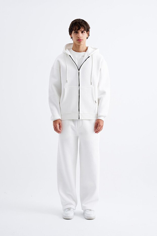 Oversize Fermuarlı Cepli Kapüşonlu Basic Sweatshirt ECRU - 4