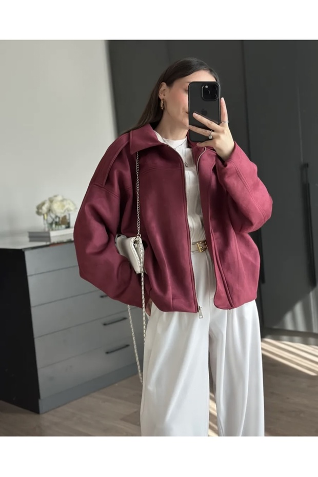 Suede Zip-Up Low Shoulder Bomber Jacket