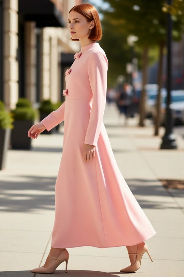 Women's Maxi Length Woven Plain Pattern Ribbon Detail Skater Silhouette Standard Sleeve Stylish Dress Quality