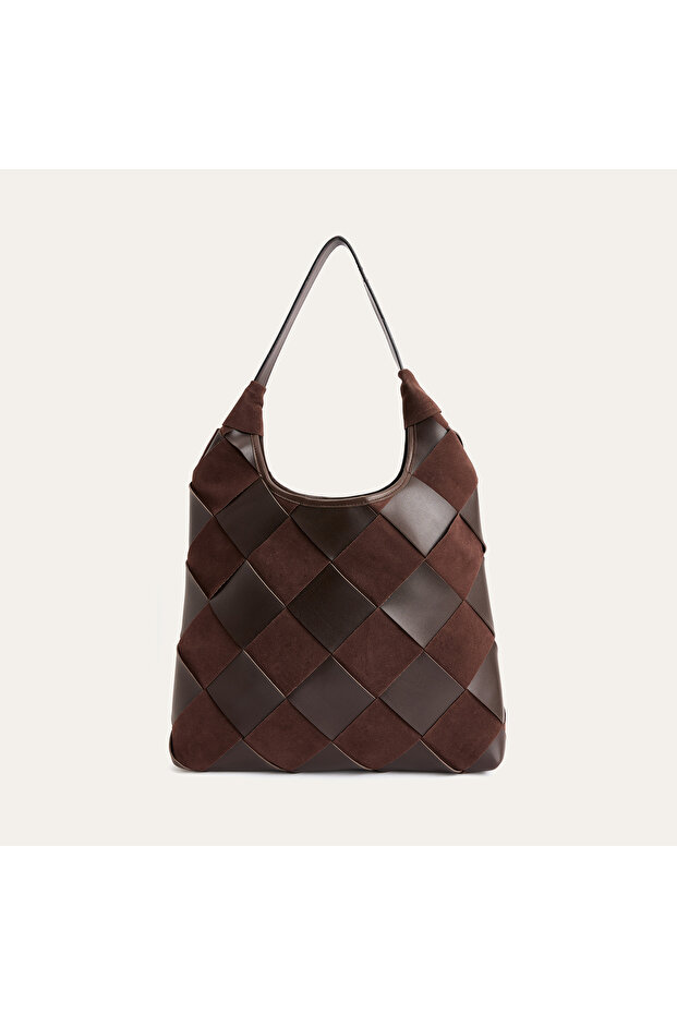 Women's Brown Blocky Leather Look Shoulder Bag