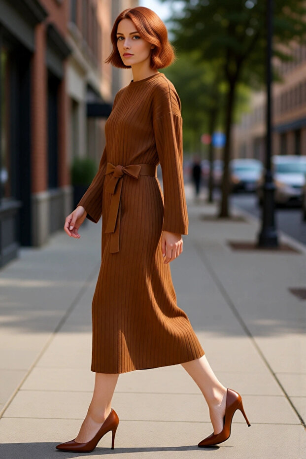 Custom Knitwear Ribbed Belted Maxi Dress for Women Plain Pattern Long Drop Sleeve Winter Chic