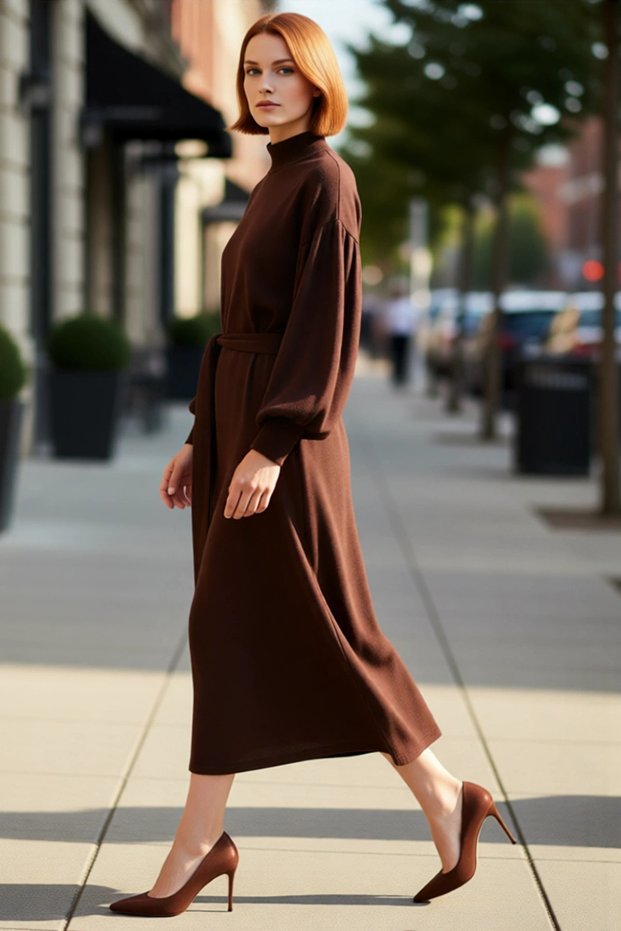 Women's Maxi Length Belted Plain Pattern Mock Neck Balloon Sleeve Knitwear Dress Stylish and Comfortable for Winter Season