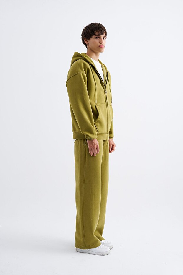 Oversize Fermuarlı Cepli Kapüşonlu Basic Sweatshirt GREEN - 5
