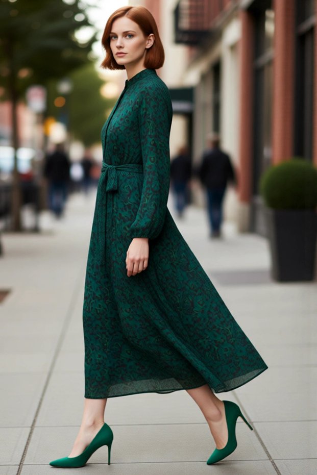 Women's Polka Dot Print Belted a Line Chiffon Maxi Dress Mock Neck Long Sleeve Casual Daily Style