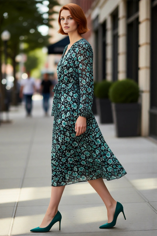 Women's Floral A-Line Maxi Belted V-Neck Balloon Sleeve Woven Chiffon Dress Elegant and Modern Design