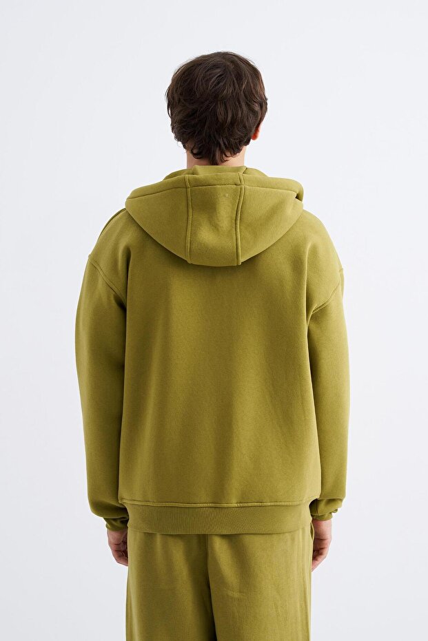 Oversize Fermuarlı Cepli Kapüşonlu Basic Sweatshirt GREEN - 3