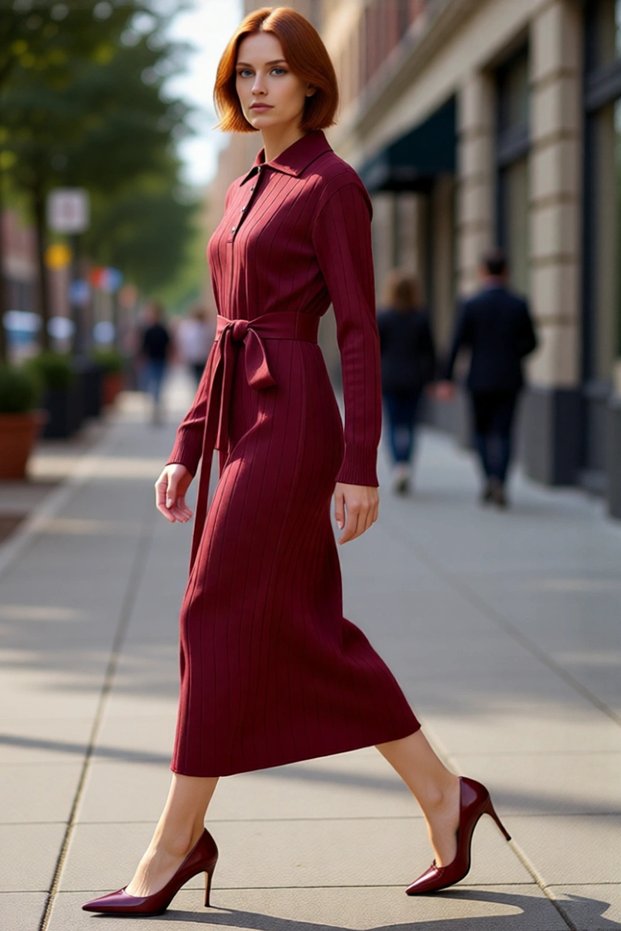 Women's Polo Neck Long Sleeve Knitwear Maxi Dress Acrylic Fabric Belted Shift Molded Plain Design