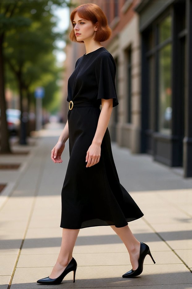 Women's Burgundy A-Line Cut Midi Length Plain Matte Satin Woven Dress with Accessory Detail Stylish Crew Neck