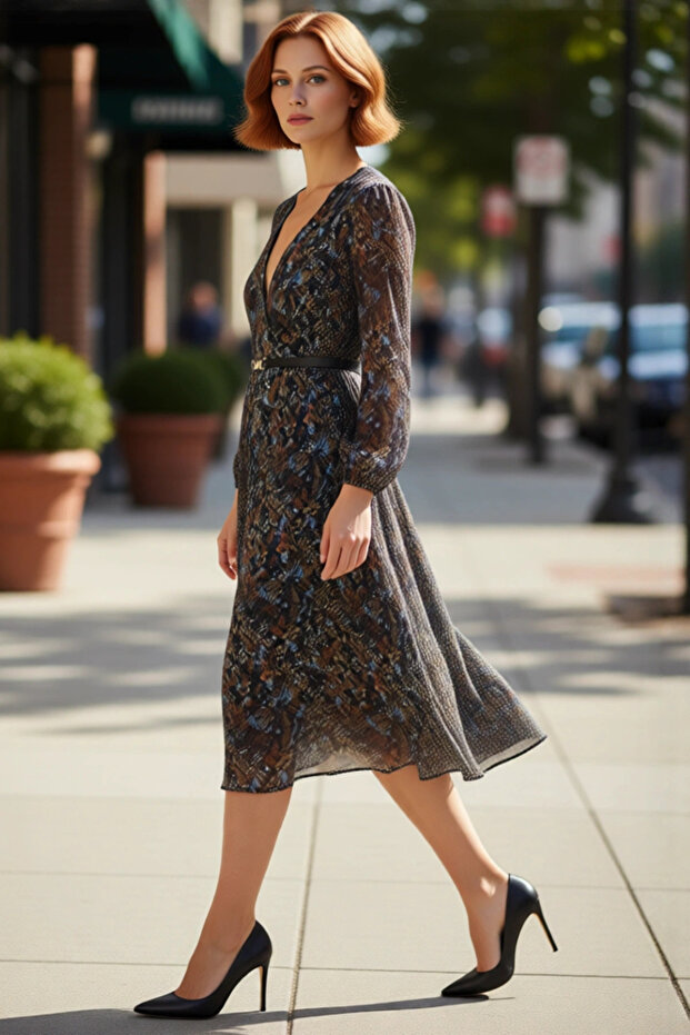 Women's Double-Breasted Collar Chiffon Midi Dress Abstract Patterned Belted Long Balloon Sleeve Skater Pattern Model