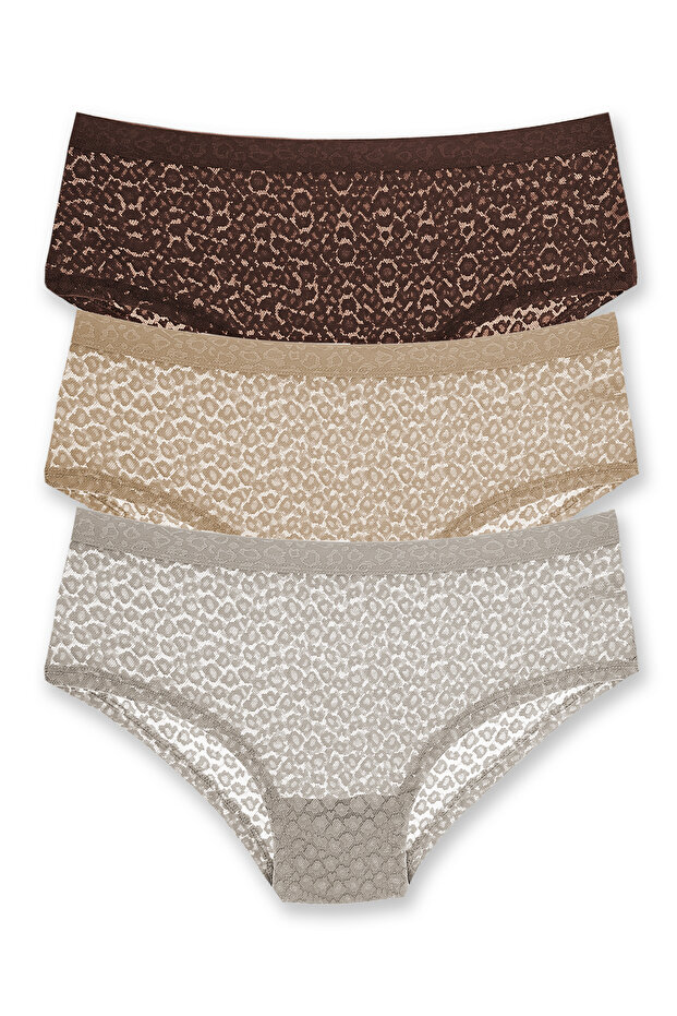 3-Piece Leopard Motif Lace Hipster Women's Panties with Elastic Waistband