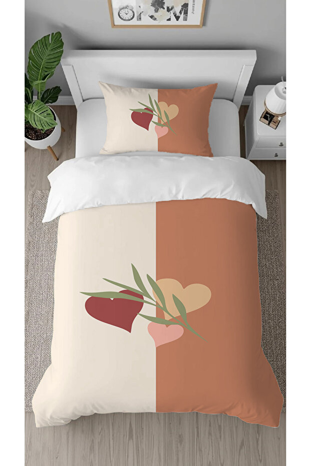Heart Leaf Plain Pastel Beige Patterned Printed Specially Designed Single Person Stylish Duvet Cover Set Without Sheets