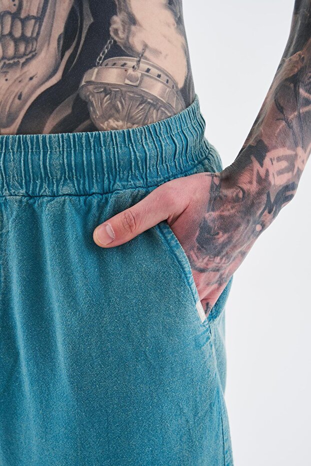 Erkek Effected Yıkamalı Basic Turquoise Eşofman Altı - 3