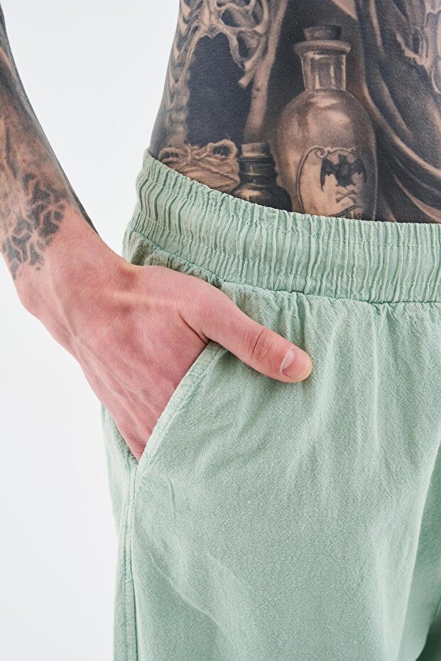 Men's Effected Washed Basic Lime Green Sweatpants - 3
