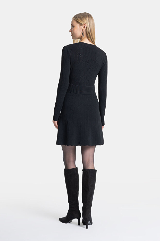 SİYAH AJURLU TRİKO ELBİSE - 7