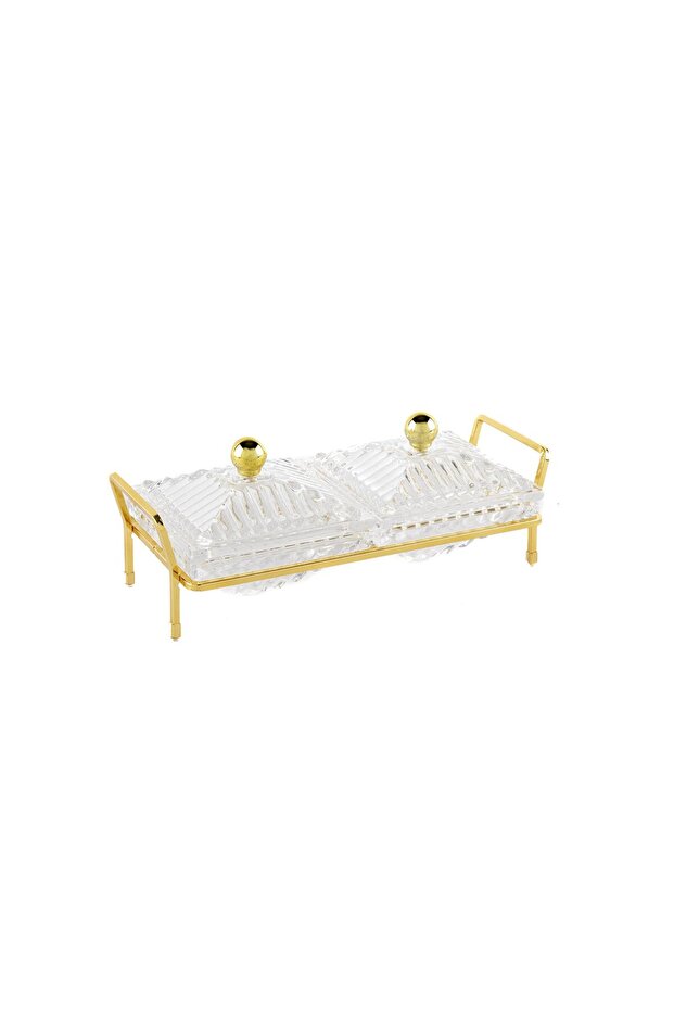 طبق تقديم بغطاء مزدوج مع حامل ذهبي 22×10×9 سم