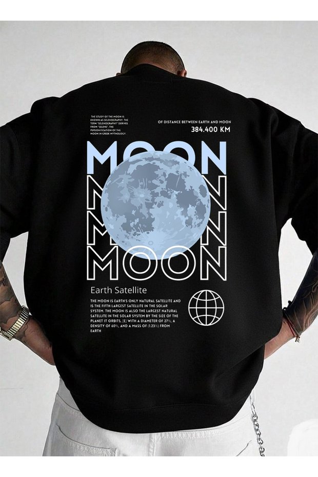 Unisex Oversized Crew Neck Black Sweatshirt Blue Moon Printed