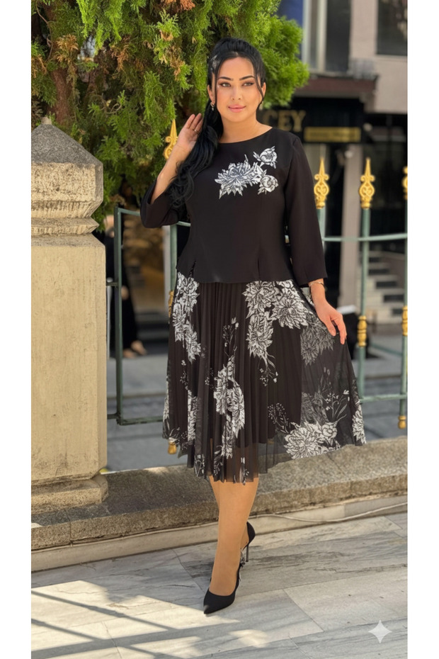 Bisiklet Yaka Çiçek Desenli Piliseli Şifon Etekli Midi Davet Elbisesi - 1