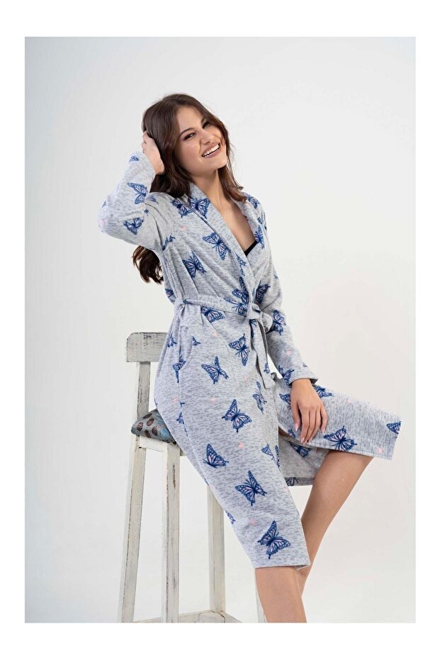 رداء صباحي ناعم بنقشة الفراشة مع حزام - 1