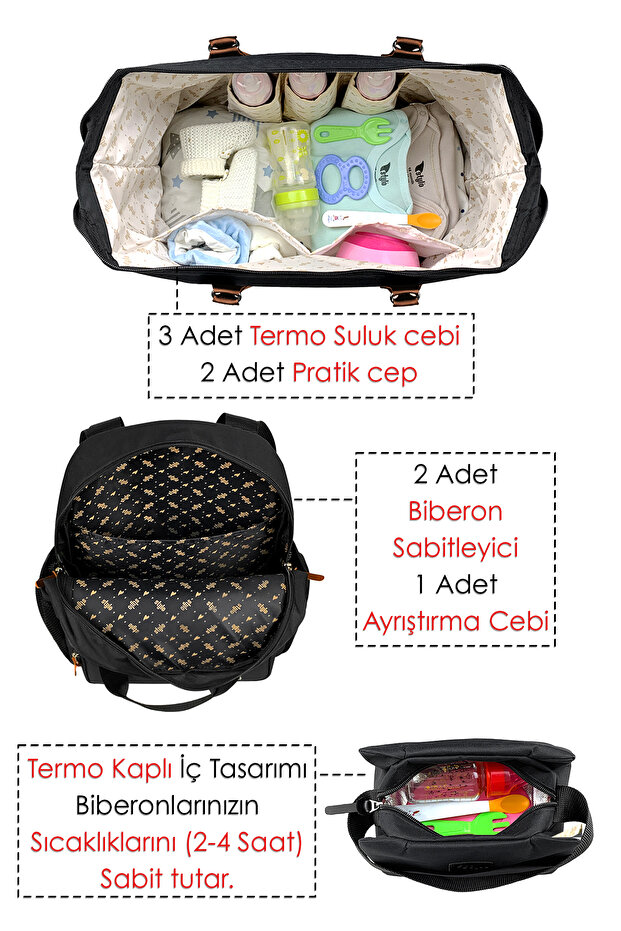 Baby Bag Bebek Bakım Kadın Omuz Çantası + Popi Anne Kadın Sırt Çantası Termos Çanta Hediye-Siyah - 5