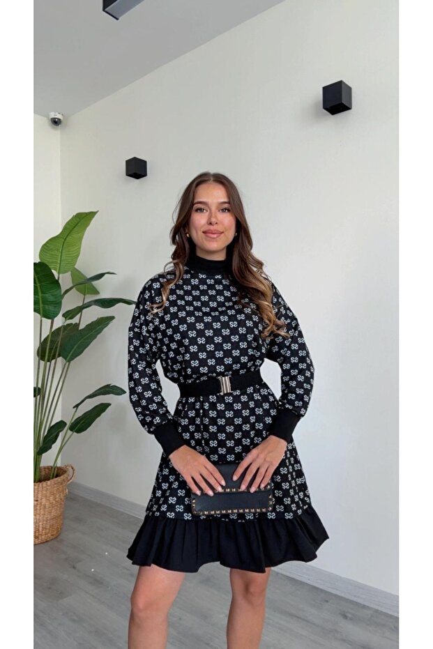 Women's Patterned Belt Detailed Dress