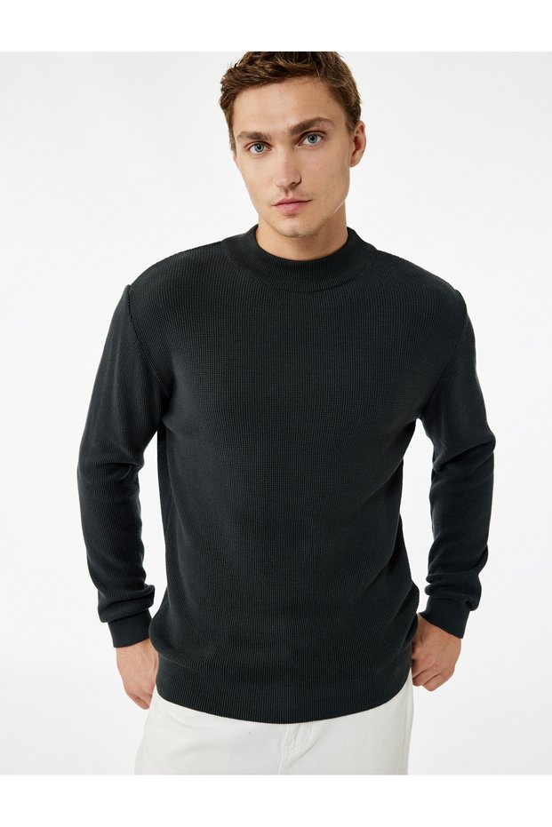 Regular Fit Long Sleeve Textured Cotton Mock Neck Winter Knitwear Sweater