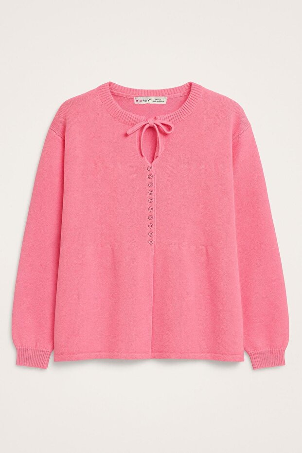 6952 Women's Knitted Sweater with Tie Button Detail Pink