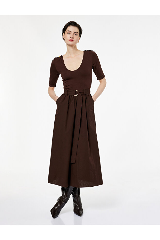 U Neck Short Sleeve Belt Detail A-Line Long Dress